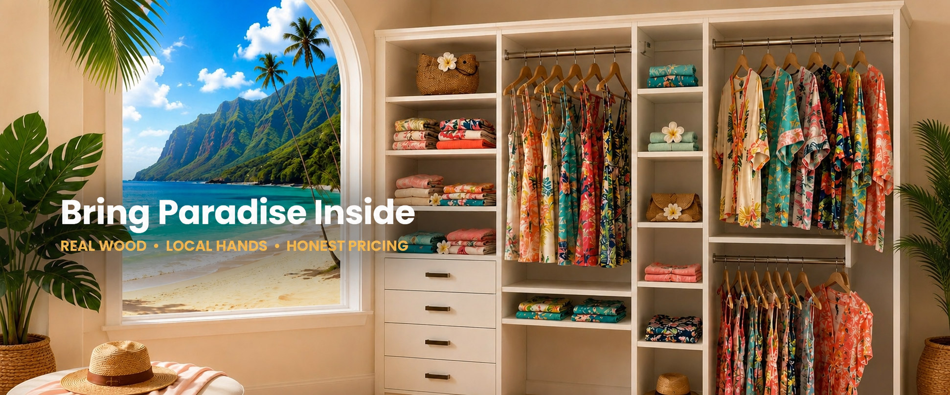 Closet with clothing and hawaii setting